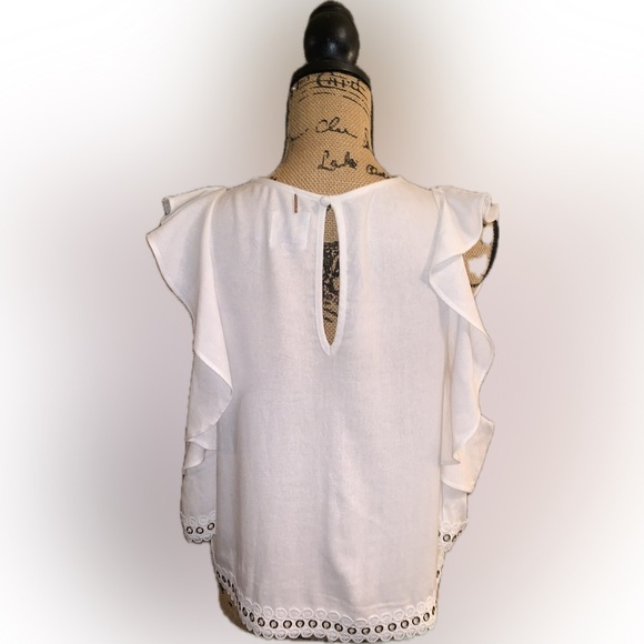 MISA Los Angeles Linen Blend Cold Shoulder Metal Rivet Eyelet Ruffle Blouse XS - Picture 11 of 15